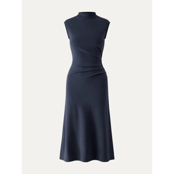 OGL Move Mockneck Tucks Slim Fit Midi Length Dress Ruched Side Navy Blue Size M - Picture 1 of 14